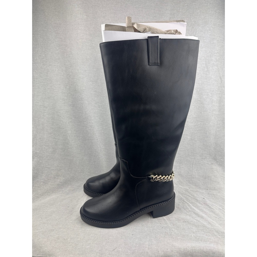 A New Day Womens Wide Calf Knee High Boots Black Gold Chain Detail Size 6.5 WC